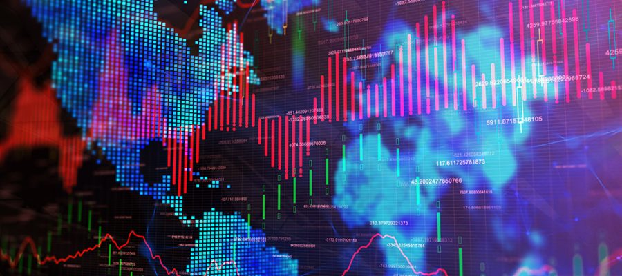 Blue forex wallpaper with map and lines. Investment, trade and finance concept. 3D Rendernig